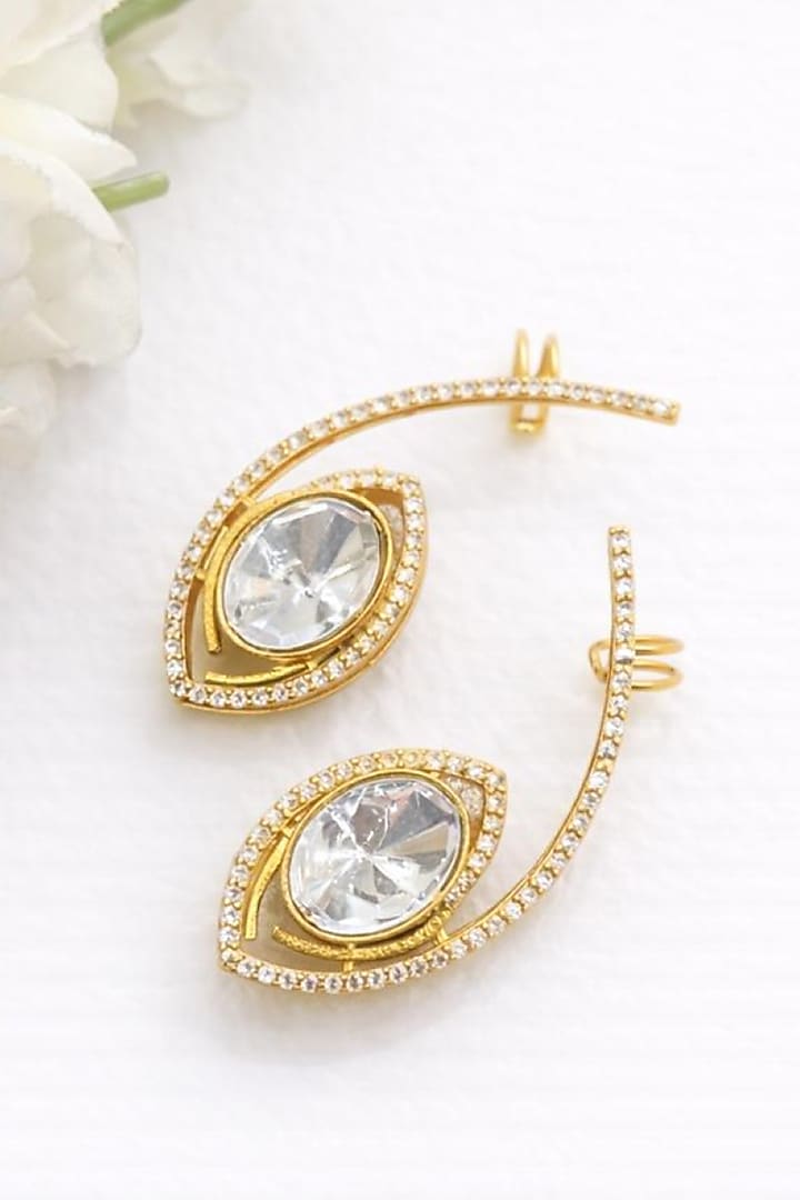 Gold Finish Moissanite Polki & CZ Stone Stud Earrings by JewelTreeTz at Pernia's Pop Up Shop