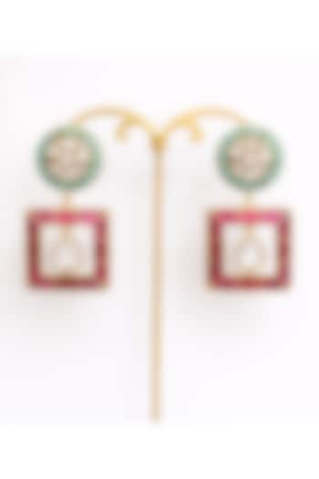 Gold Finish Moissanite Polki & Aquamarine Stone Dangler Earrings by JewelTreeTz at Pernia's Pop Up Shop