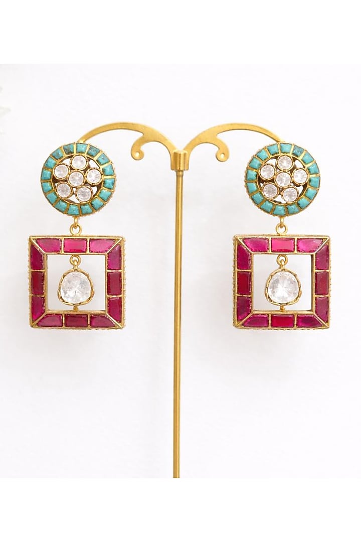 Gold Finish Moissanite Polki & Aquamarine Stone Dangler Earrings by JewelTreeTz at Pernia's Pop Up Shop