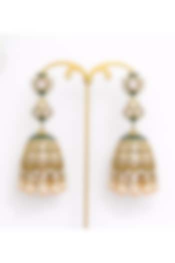 Gold Finish Moissanite Polki & Emerald Stone Jhumka Earrings by JewelTreeTz at Pernia's Pop Up Shop