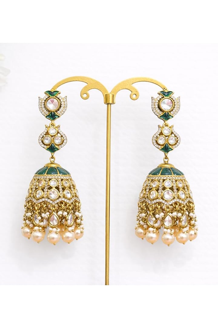 Gold Finish Moissanite Polki & Emerald Stone Jhumka Earrings by JewelTreeTz at Pernia's Pop Up Shop