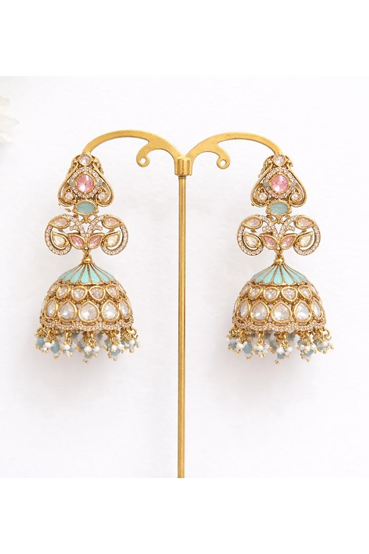 Gold Finish Moissanite Polki & Rose Quartz Enameled Jhumka Earrings by JewelTreeTz at Pernia's Pop Up Shop