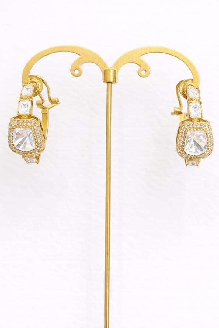 Gold Finish Moissanite Polki & CZ Stone Stud Earrings by JewelTreeTz at Pernia's Pop Up Shop