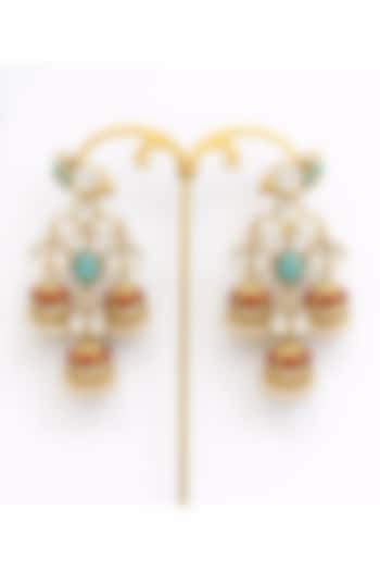Gold Finish Moissanite Polki & Coral Stone Jhumka Earrings by JewelTreeTz at Pernia's Pop Up Shop