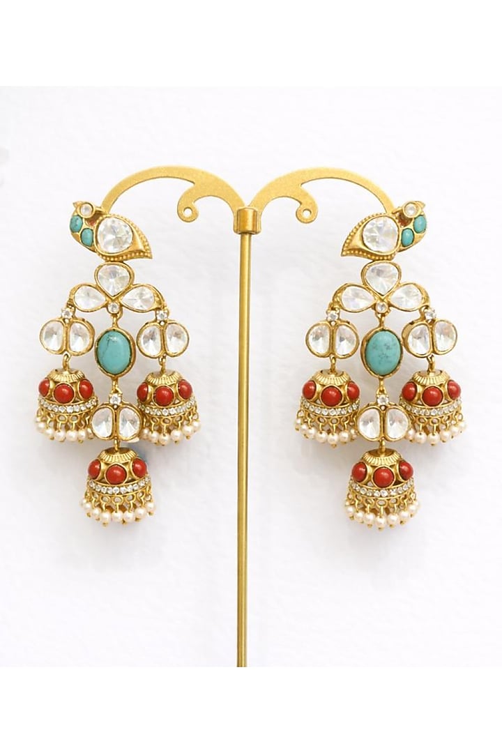 Gold Finish Moissanite Polki & Coral Stone Jhumka Earrings by JewelTreeTz at Pernia's Pop Up Shop