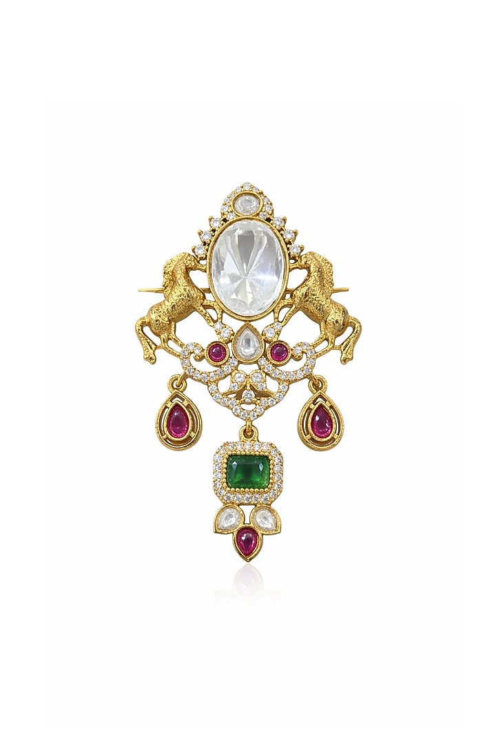 Gold Finish Moissanite & Emerald Doublet Horse Brooch by JewelTreeTz at Pernia's Pop Up Shop