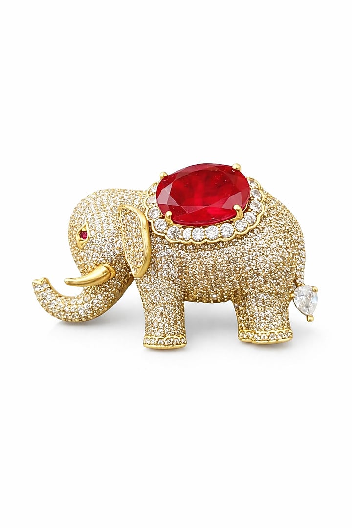 Gold Finish Emerald Doublet & CZ Stone Elephant Brooch by JewelTreeTz at Pernia's Pop Up Shop