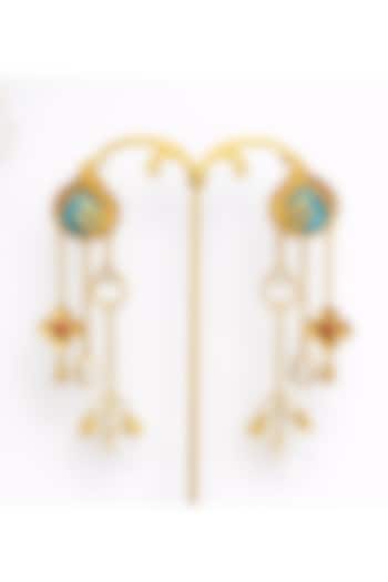 Gold Finish Moissanite Polki & Aquamarine Stone Jhumka Earrings by JewelTreeTz at Pernia's Pop Up Shop