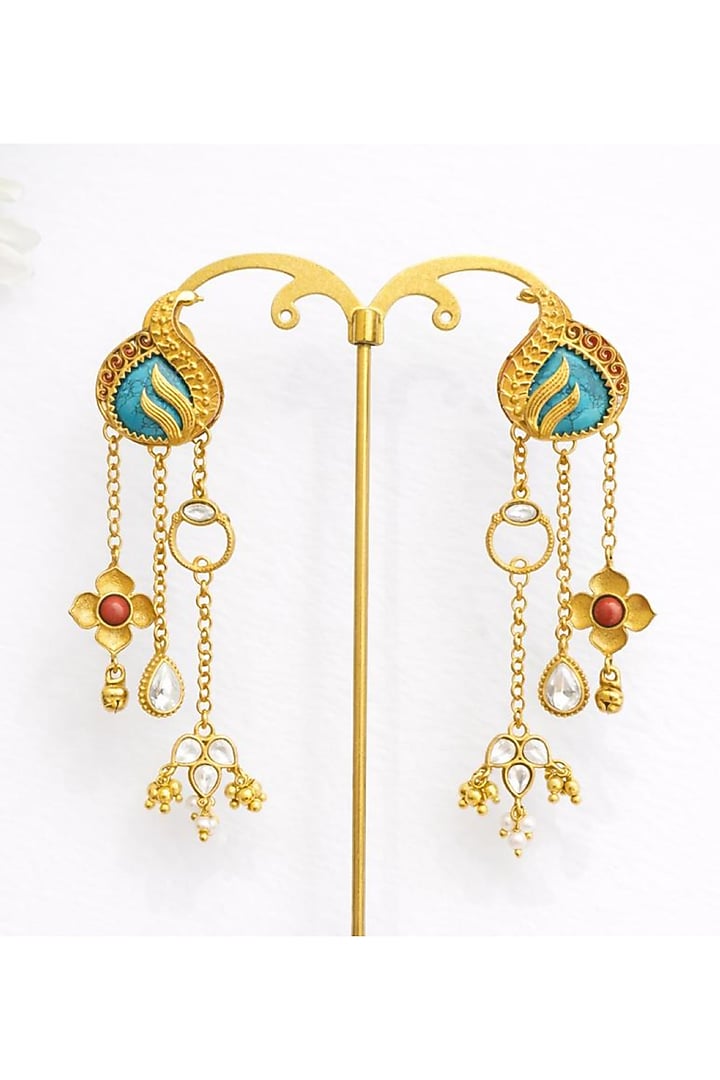 Gold Finish Moissanite Polki & Aquamarine Stone Jhumka Earrings by JewelTreeTz at Pernia's Pop Up Shop