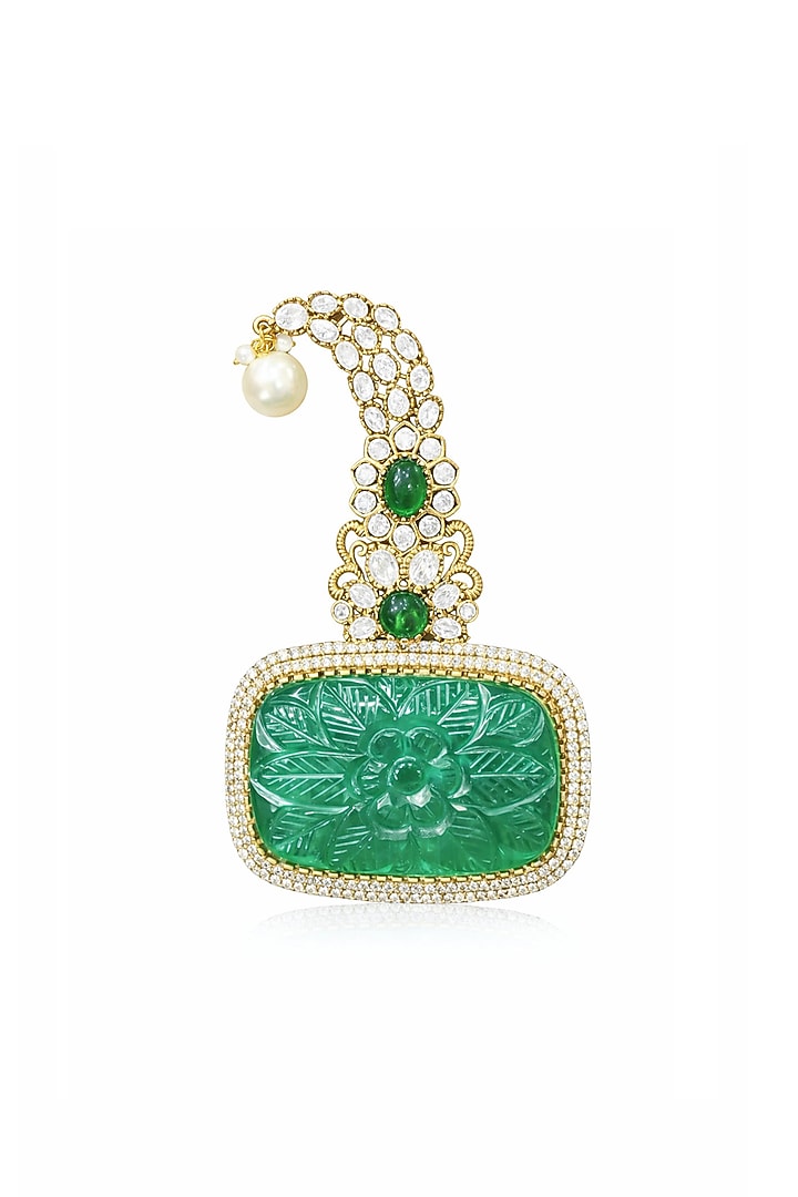 Gold Finish Emerald Carved Stone & CZ Stone Rectangle Brooch by JewelTreeTz at Pernia's Pop Up Shop