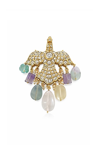 Gold Finish Kundan Polki & Gemstone Eagle Brooch by JewelTreeTz