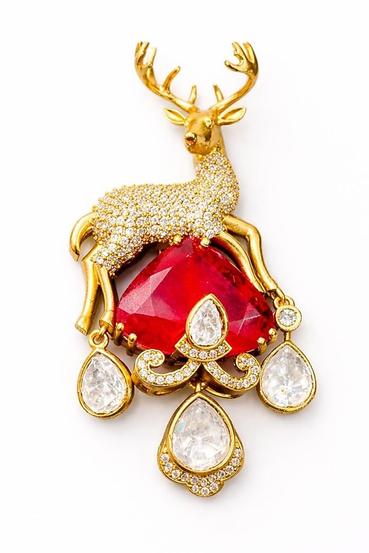 Gold Finish Moissanite & Ruby Antler Brooch by JewelTreeTz at Pernia's Pop Up Shop