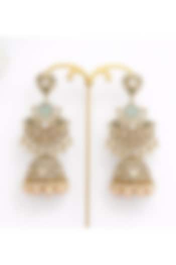 Gold Finish Moissanite Polki & Mint Green Stone Jhumka Earrings by JewelTreeTz at Pernia's Pop Up Shop