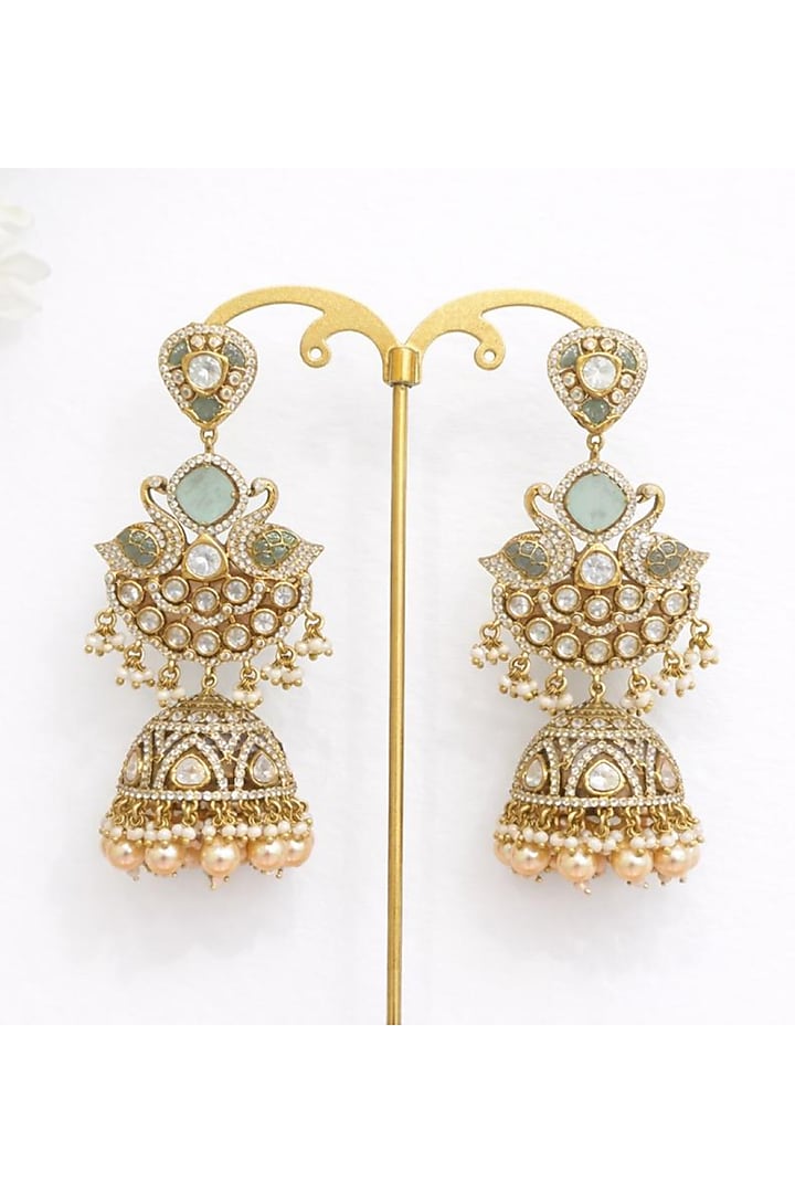 Gold Finish Moissanite Polki & Mint Green Stone Jhumka Earrings by JewelTreeTz at Pernia's Pop Up Shop