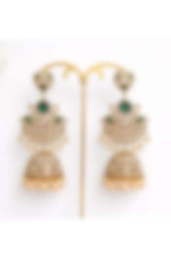 Gold Finish Moissanite Polki & Emerald Stone Jhumka Earrings by JewelTreeTz at Pernia's Pop Up Shop