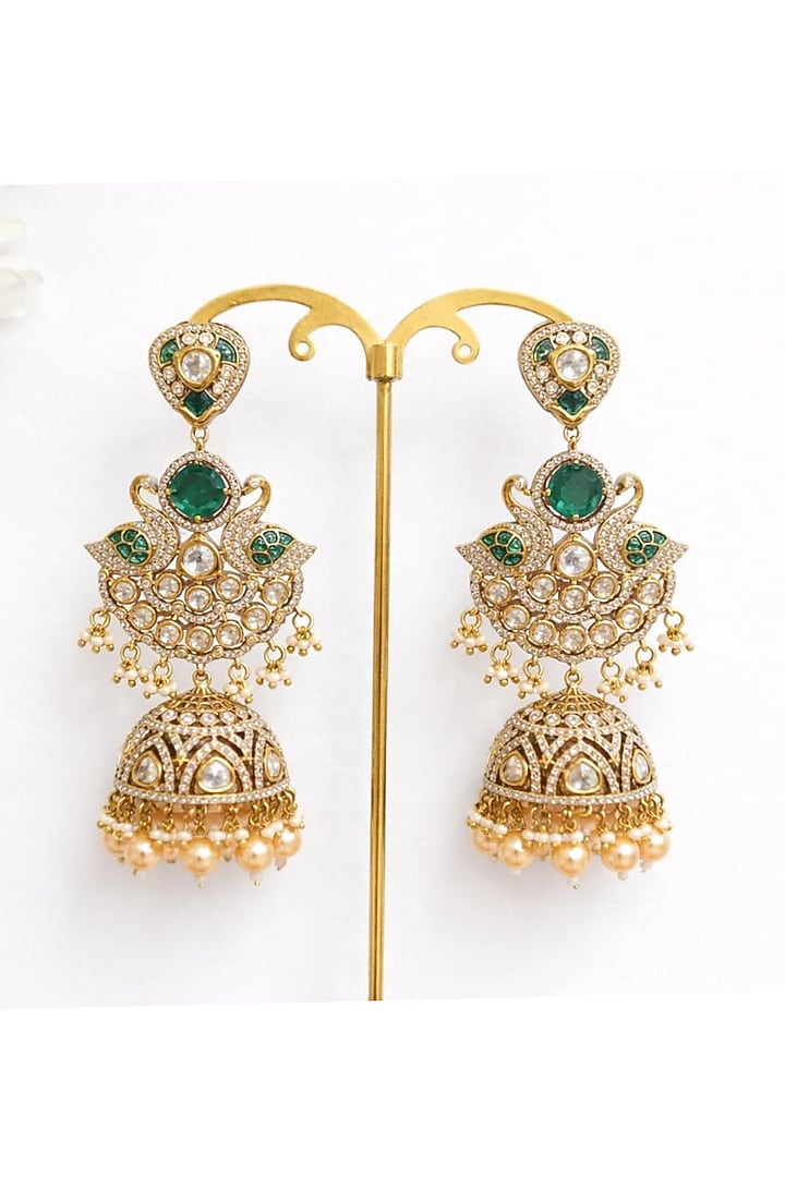 Gold Finish Moissanite Polki & Emerald Stone Jhumka Earrings by JewelTreeTz at Pernia's Pop Up Shop