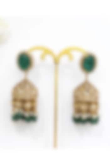 Gold Finish Moissanite Polki & Emerald Doublet Stone Jhumka Earrings by JewelTreeTz at Pernia's Pop Up Shop