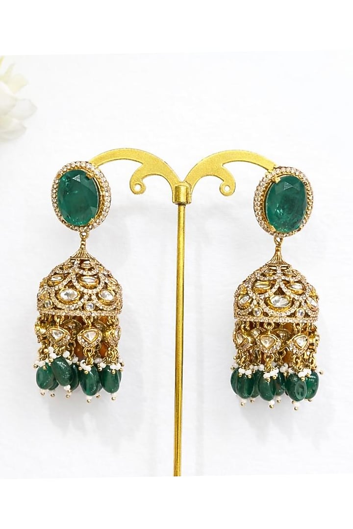 Gold Finish Moissanite Polki & Emerald Doublet Stone Jhumka Earrings by JewelTreeTz at Pernia's Pop Up Shop