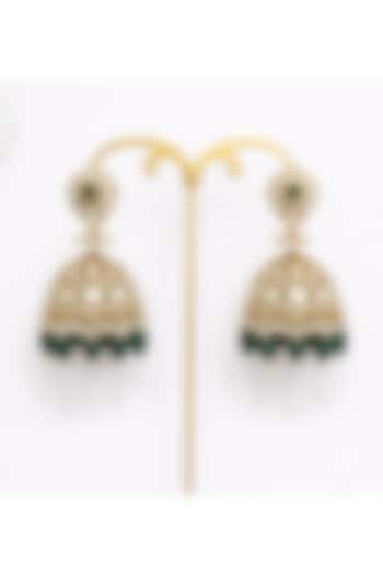 Gold Finish Moissanite Polki & Green Beaded Jhumka Earrings by JewelTreeTz at Pernia's Pop Up Shop
