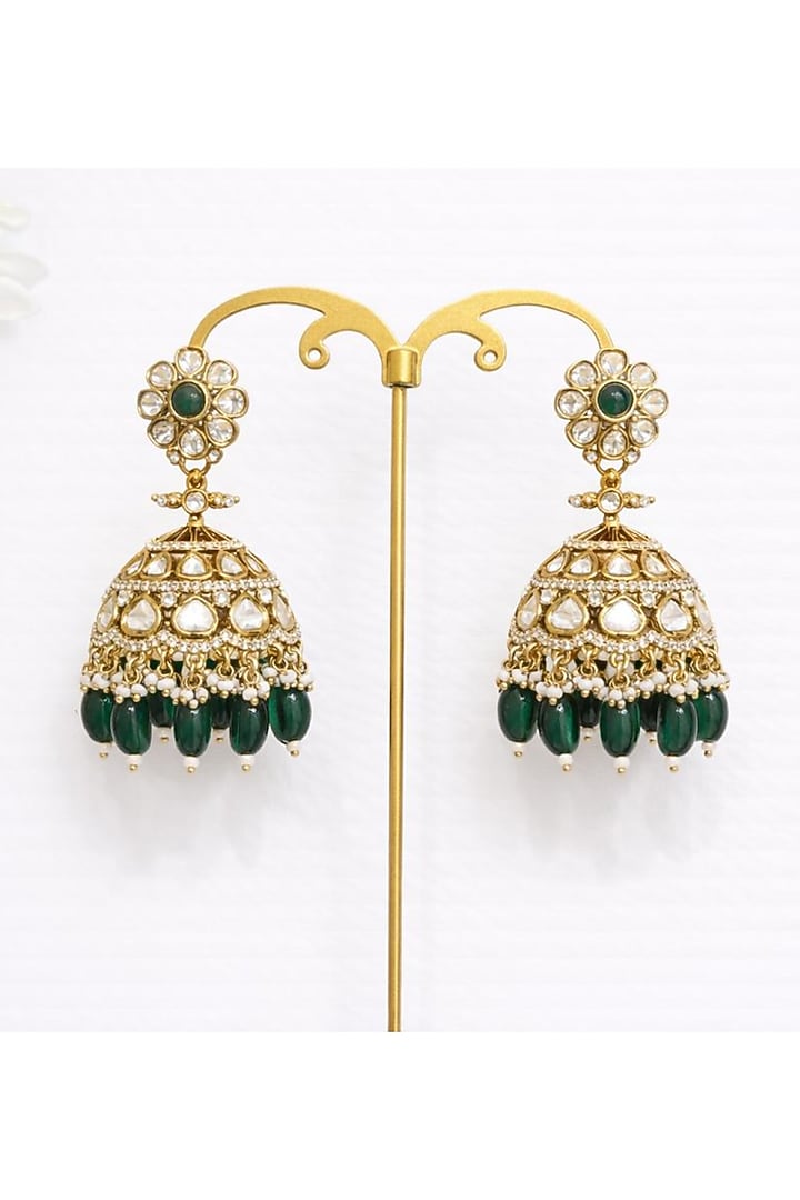 Gold Finish Moissanite Polki & Green Beaded Jhumka Earrings by JewelTreeTz at Pernia's Pop Up Shop