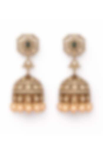 Gold Finish Moissanite Polki & CZ Stone Jhumka Earrings by JewelTreeTz at Pernia's Pop Up Shop