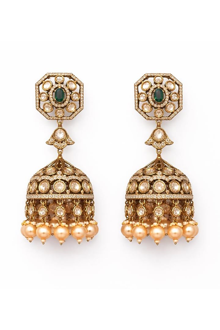 Gold Finish Moissanite Polki & CZ Stone Jhumka Earrings by JewelTreeTz at Pernia's Pop Up Shop