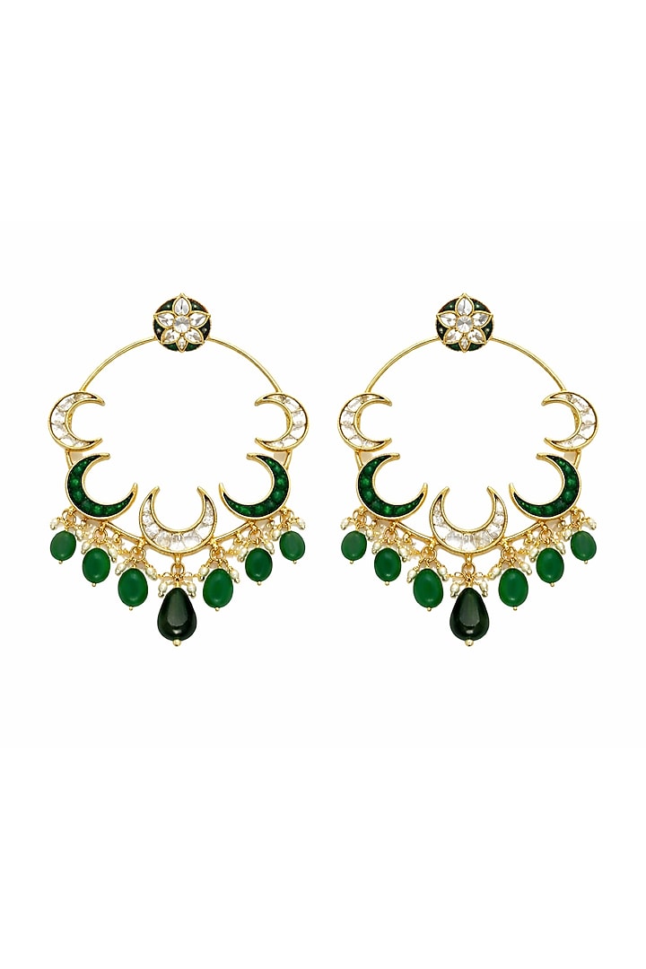 Gold Finish Pachi Kundan Polki & Emerald Stone Chandbali Earrings by JewelTreeTz at Pernia's Pop Up Shop