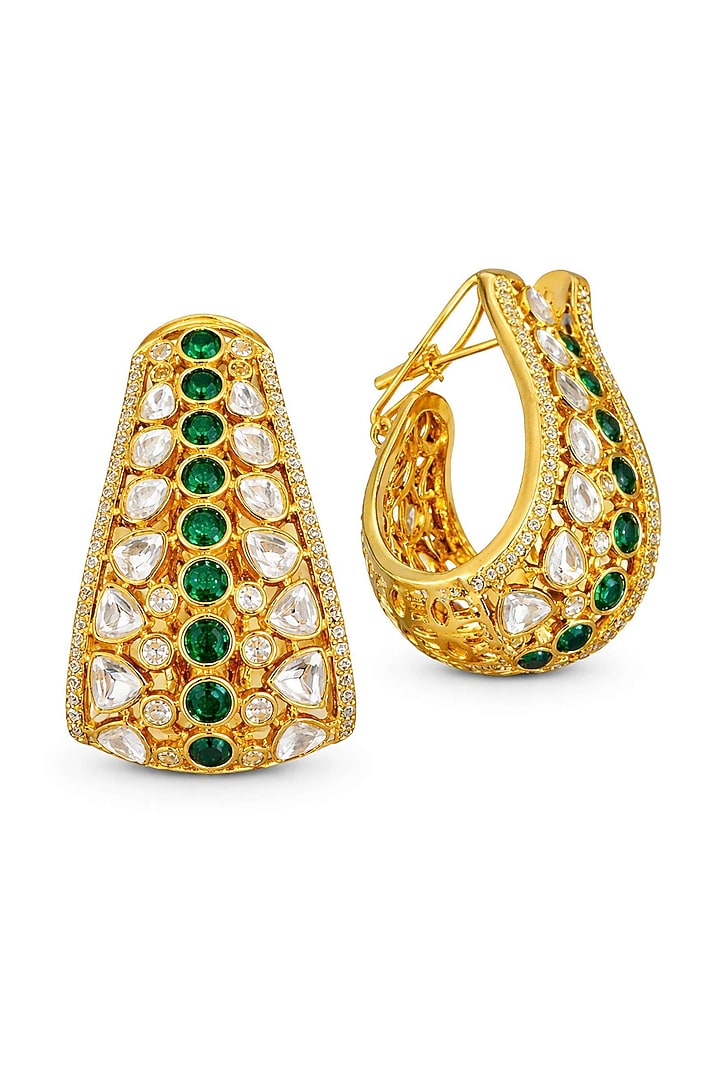 Gold Finish Kundan Polki & Green Stone Hoop Earrings by JewelTreeTz at Pernia's Pop Up Shop