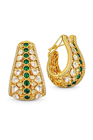 Gold Finish Kundan Polki & Green Stone Hoop Earrings by JewelTreeTz