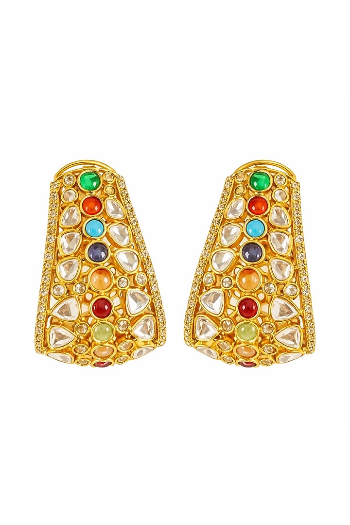 Gold Finish Kundan Polki & Multi-Colored Stone Hoop Earrings by JewelTreeTz at Pernia's Pop Up Shop