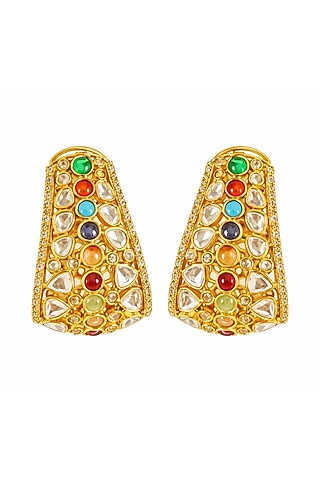 Gold Finish Kundan Polki & Multi-Colored Stone Hoop Earrings by JewelTreeTz