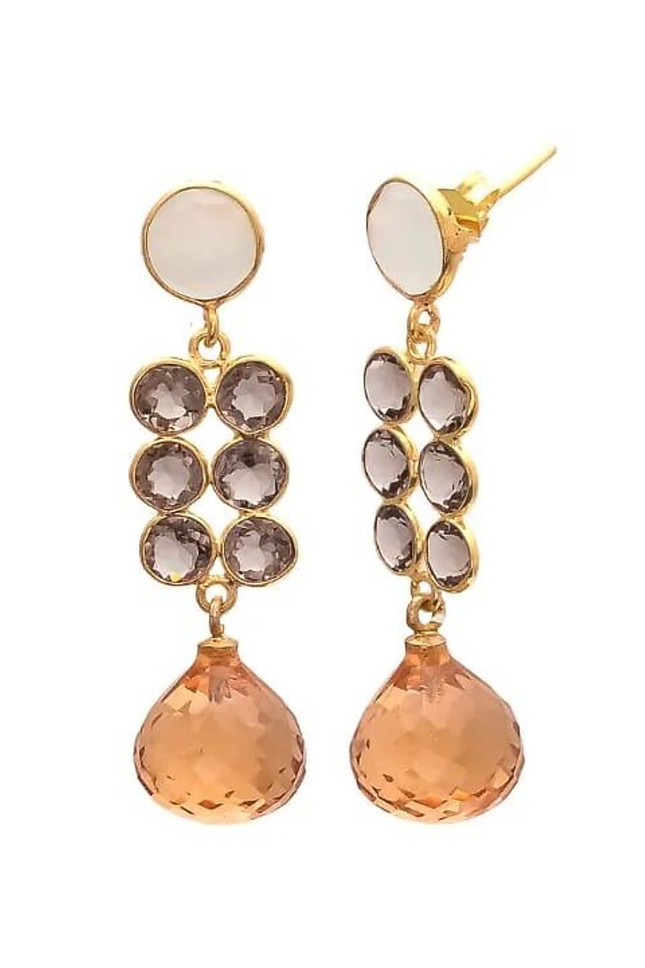 Gold Finish Brown & Orange Quartz Stone Dangler Earrings by JewelTreeTz  at Pernia's Pop Up Shop