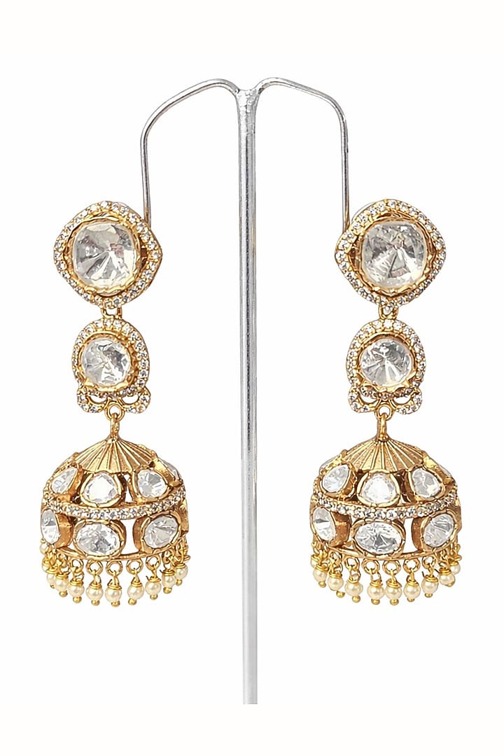 Gold Finish Moissanite Polki & CZ Stone Jhumka Earrings by JewelTreeTz  at Pernia's Pop Up Shop