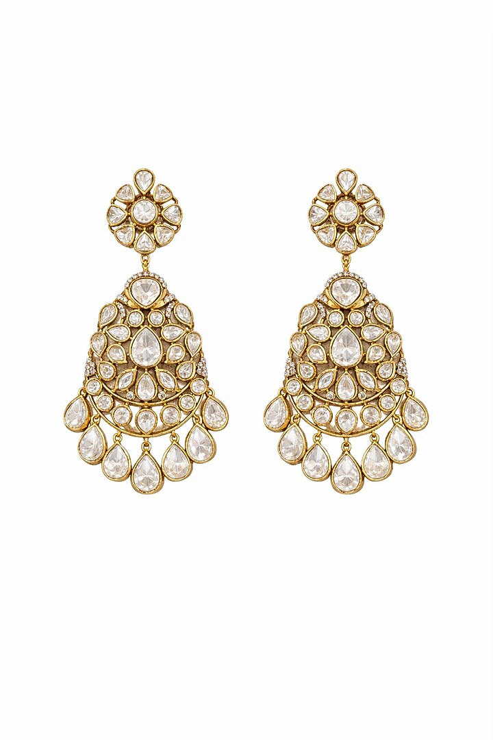Gold Finish Moissanite Polki & CZ Stone Chandbali Earrings by JewelTreeTz  at Pernia's Pop Up Shop