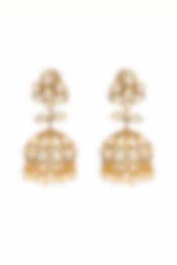 Gold Finish Moissanite Polki & CZ Stone Jhumka Earrings by JewelTreeTz  at Pernia's Pop Up Shop