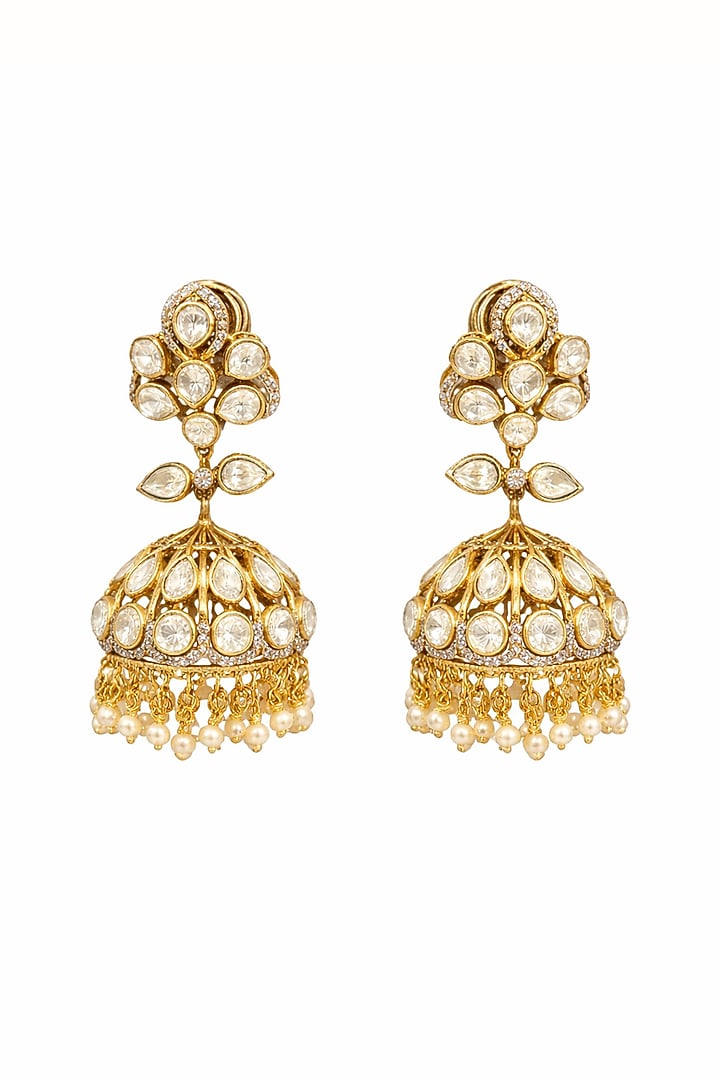 Gold Finish Moissanite Polki & CZ Stone Jhumka Earrings by JewelTreeTz  at Pernia's Pop Up Shop