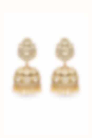 Gold Finish Moissanite Polki & CZ Stone Jhumka Earrings by JewelTreeTz  at Pernia's Pop Up Shop