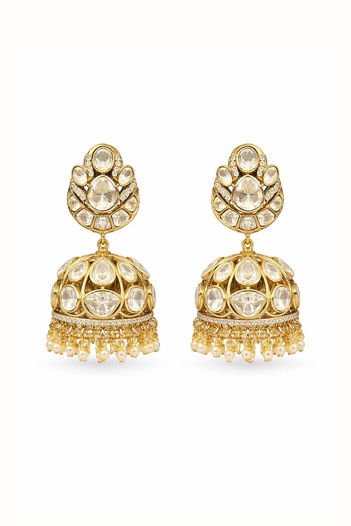 Gold Finish Moissanite Polki & CZ Stone Jhumka Earrings by JewelTreeTz  at Pernia's Pop Up Shop