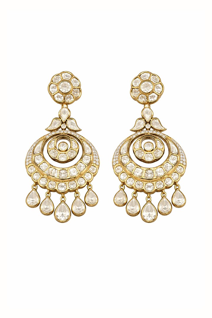 Gold Finish Moissanite Polki & CZ Stone Chandbali Earrings by JewelTreeTz at Pernia's Pop Up Shop