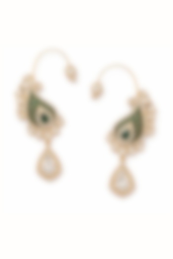 Gold Finish Moissanite Polki & Emerald Stone Earcuffs by JewelTreeTz  at Pernia's Pop Up Shop