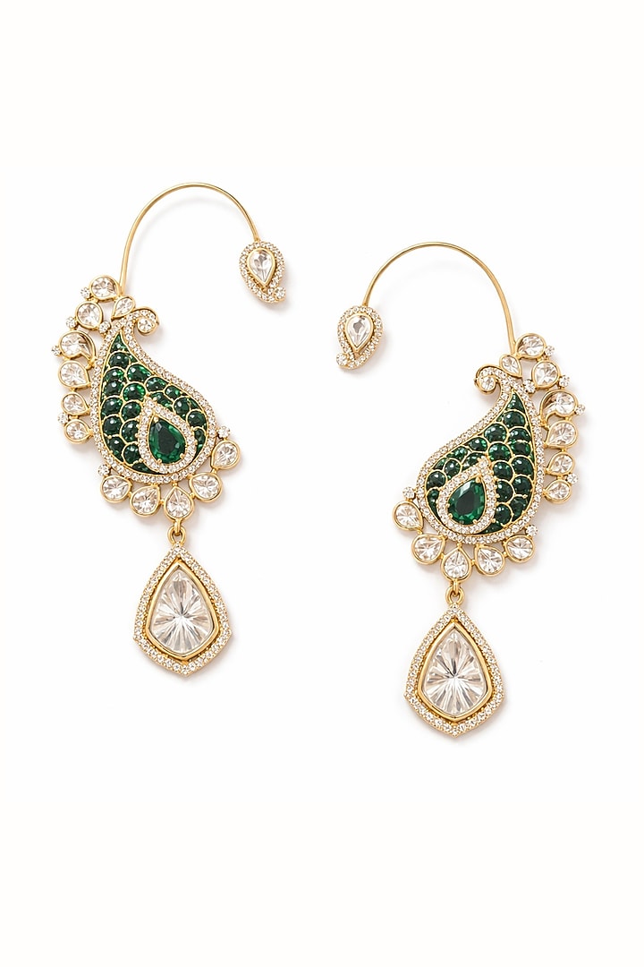 Gold Finish Moissanite Polki & Emerald Stone Earcuffs by JewelTreeTz  at Pernia's Pop Up Shop