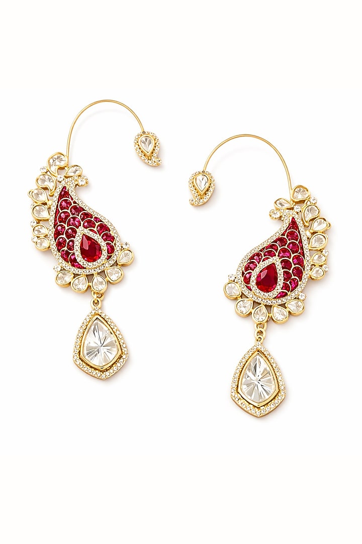 Gold Finish Moissanite Polki & Ruby Stone Earcuffs by JewelTreeTz  at Pernia's Pop Up Shop