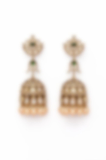 Gold Finish Moissanite Polki & Emerald Stone Jhumka Earrings by JewelTreeTz  at Pernia's Pop Up Shop