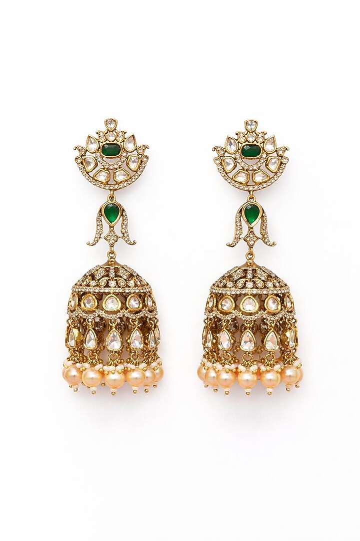 Gold Finish Moissanite Polki & Emerald Stone Jhumka Earrings by JewelTreeTz  at Pernia's Pop Up Shop