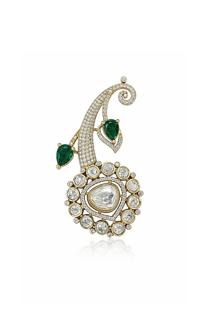 Gold Finish Moissanite Polki & Emerald Stone Petal Brooch by JewelTreeTz at Pernia's Pop Up Shop