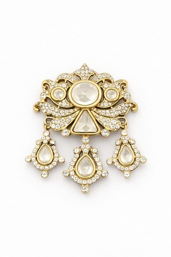 Gold Finish Moissanite Polki & CZ Stone Lotus Brooch by JewelTreeTz at Pernia's Pop Up Shop
