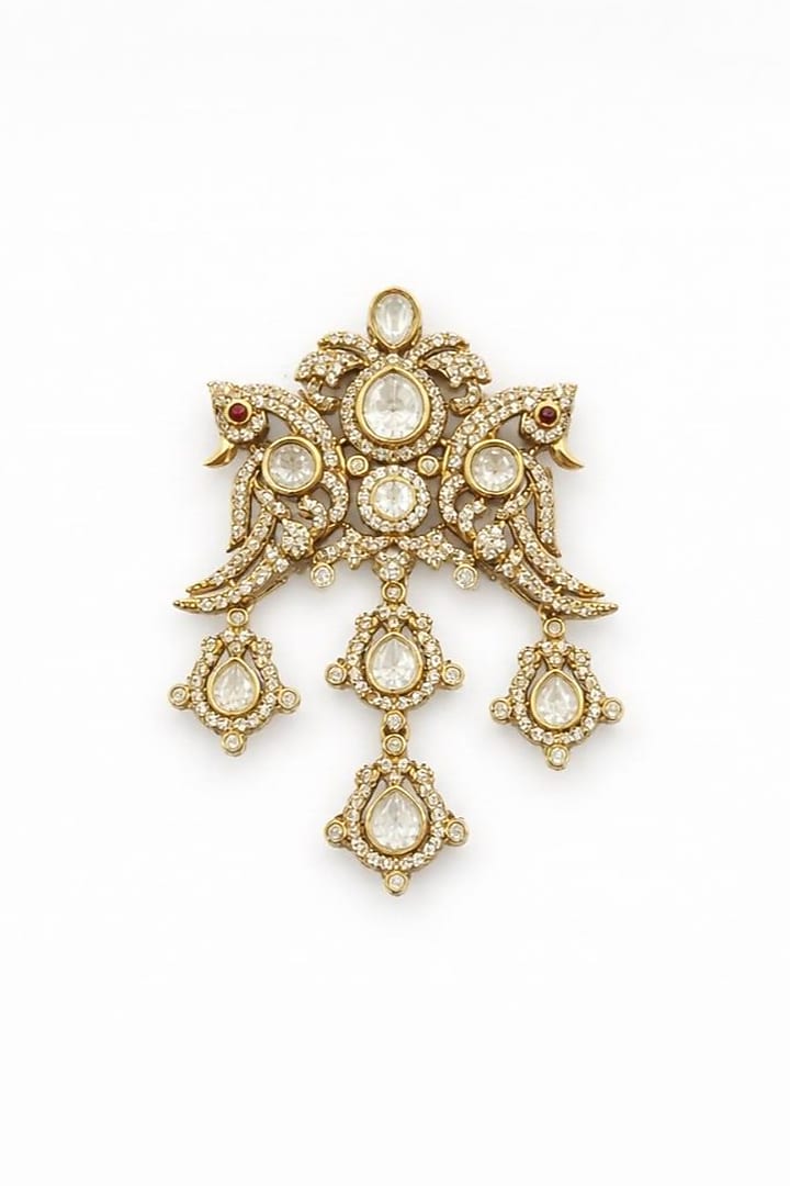 Gold Finish Moissanite Polki & CZ Stone Bird Brooch by JewelTreeTz at Pernia's Pop Up Shop
