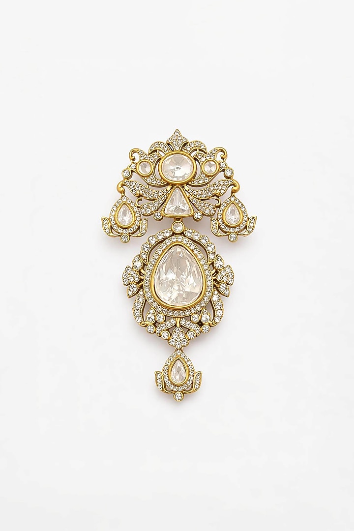 Gold Finish Moissanite Polki & CZ Stone Lotus Brooch by JewelTreeTz at Pernia's Pop Up Shop