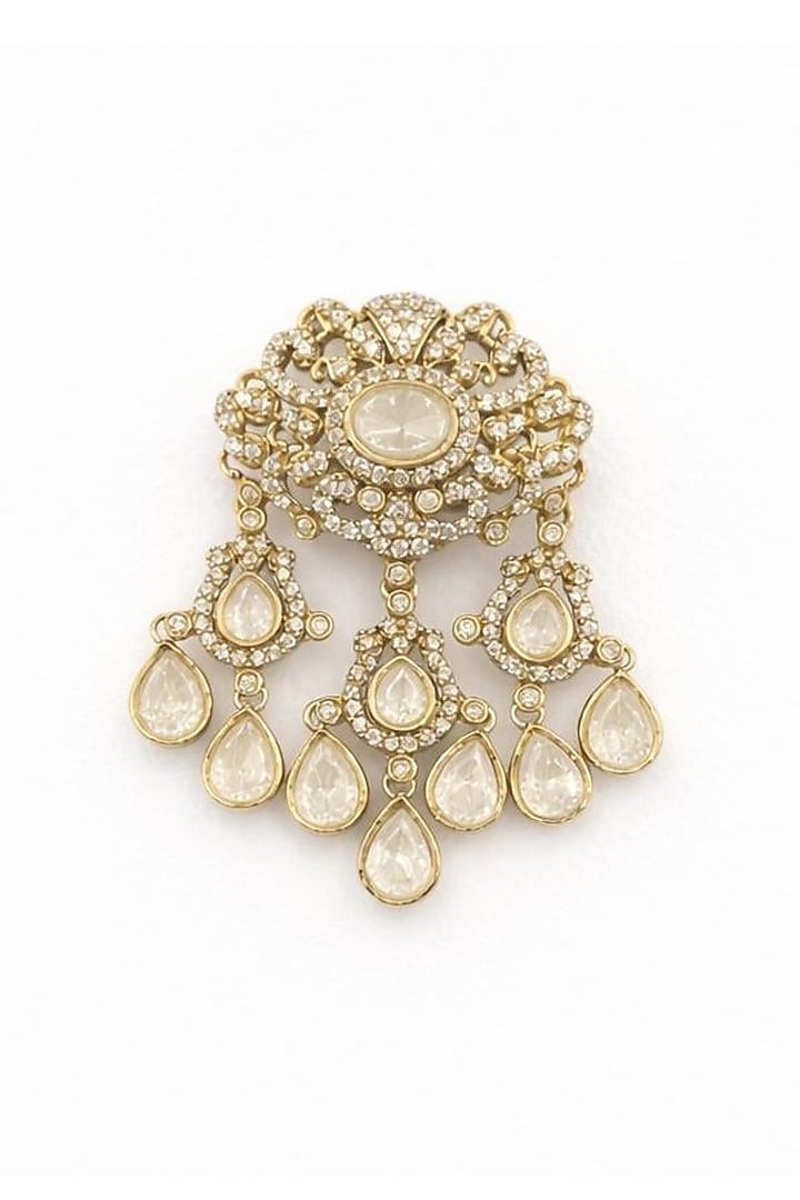 Gold Finish Moissanite Polki & CZ Stone Floral Brooch by JewelTreeTz at Pernia's Pop Up Shop