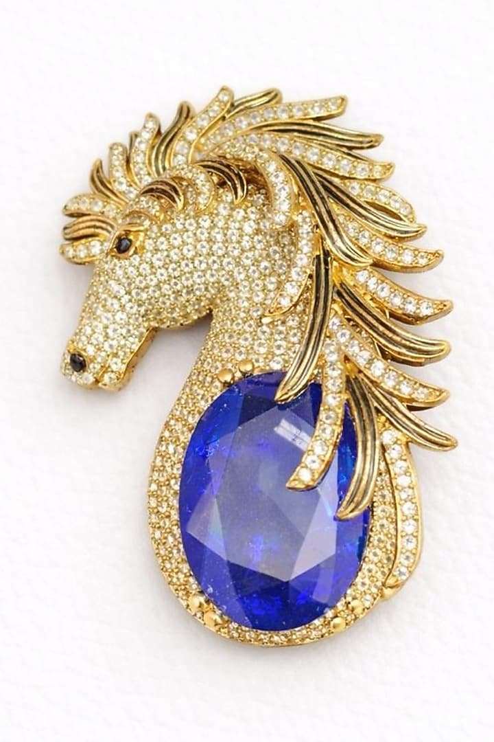Gold Finish Blue Sapphire & CZ Stone Horse Brooch by JewelTreeTz at Pernia's Pop Up Shop